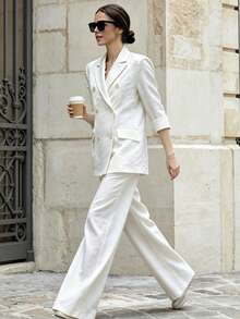 Women's Spring/Autumn Casual Elegant Commute Double-Breasted Lapel Faux Pocket Solid Color 3/4 Sleeve Blazer & Wide Leg Pants 2-Piece Set - White - View 6
