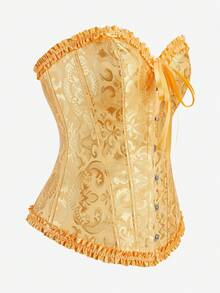 束胸上衣 罩胸式 Bustier 經典緹花 無肩帶 心形領 荷葉邊飾 腰部塑身衣 復古宮廷風 收腹束腰 萬聖節服裝 - 金色 - 查看 9