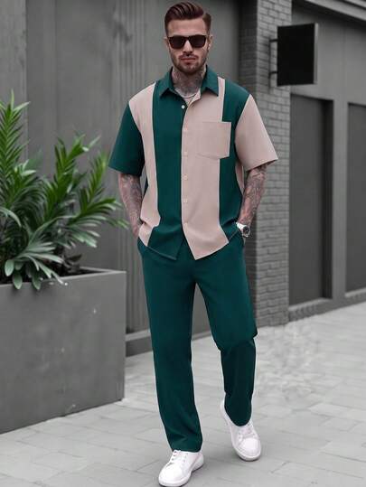 Spring/Autumn Mature Style Contrast Color Patchwork Vertical Striped Short Sleeve Single-Breasted Fitted Shirt With Elastic Waist Loose Long Pants Solid Color 2 Pieces Set, Urban Casual Commute, Smooth Polyester Woven Fabric