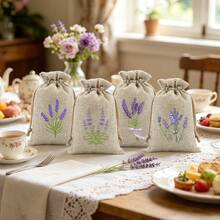 CARRIECUR 8/16/24/32Pcs Lavender Burlap Drawstring Bags, 8 Assorted Floral Designs Linen Sacks With Drawstring, Natural & Cream Color Reusable Sachet Pouches For Lavender Sachets, Wedding Favors, Jewelry Gift, Aromatherapy & Party Supplies - View 3