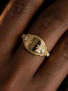 1 pièce Bague ovale vintage dorée, bague de déclaration de style bohème avec gravure florale et décoration de zircone micro-incrustée, bague de mode élégante pour femmes pour le port quotidien et les cadeaux - Doré - Voir 2