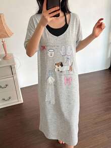 DAZY Gaun Tidur Wanita Lengan Pendek Motif Anak Anjing Lucu 2 In 1, Gaya Imut, Dekorasi Pita - Light Grey - View 4