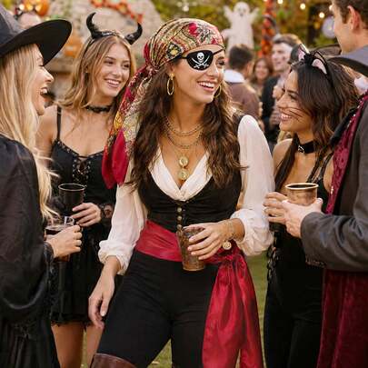 7-Piece Halloween Pirate Costume Accessories For Women And Men, Easy Halloween Outfit | Adult Pirate Costume Set Including Headscarf, Belt, Necklace, Bracelet, Earrings And Eye Patch, Suitable For Halloween Role Play And Adult Costume