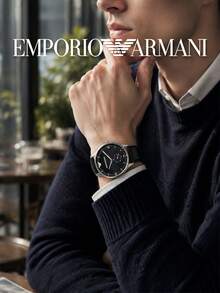 Armani Men's Minimalist Quartz Watch, Silver Steel Case, Pure Black Dial, Small Seconds Dial, Smooth Leather Strap, Suitable As Birthday Gift For Husband - one-size - View 3