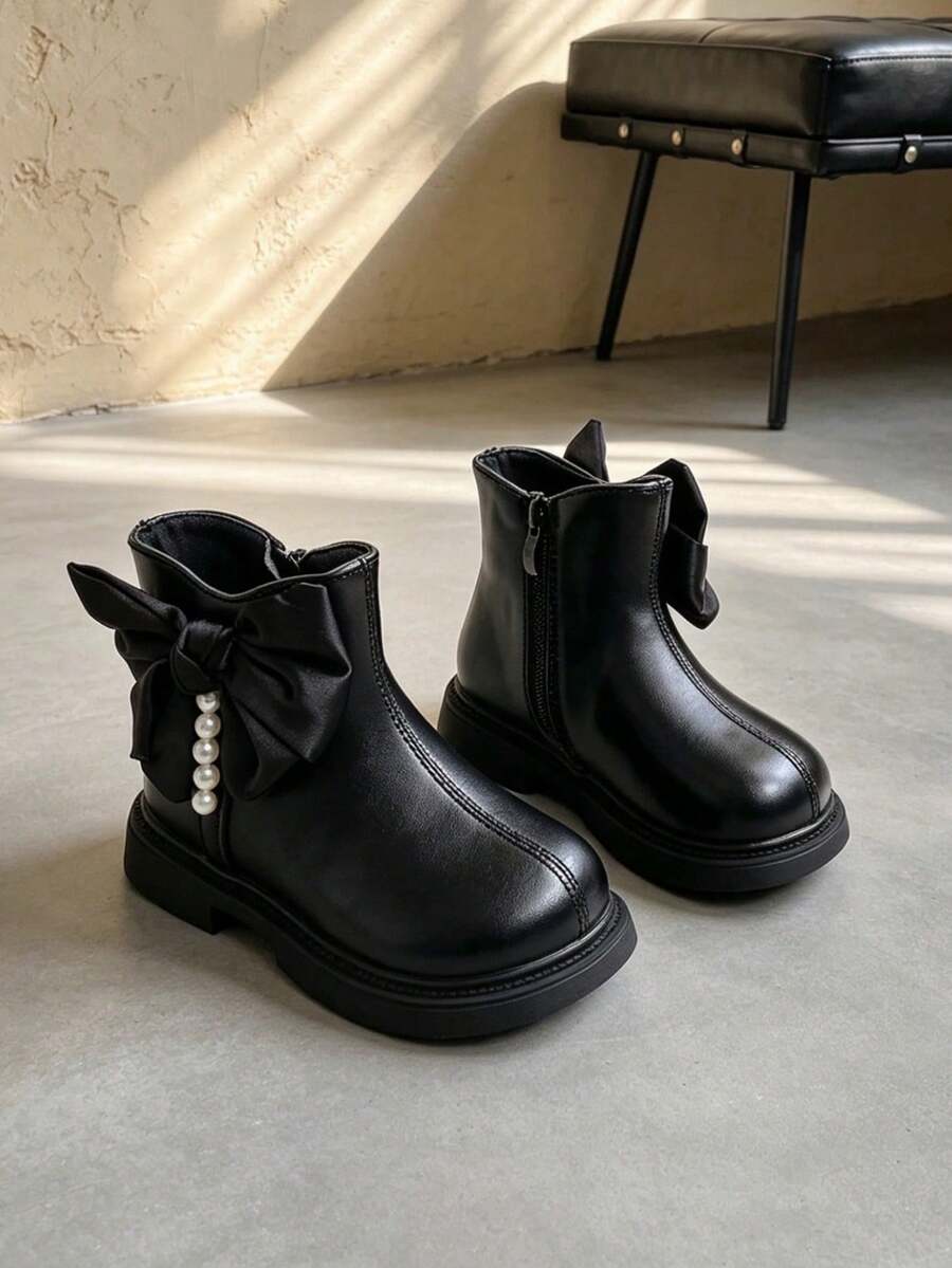 1 Pair Kids Bow & Pearl Decor Short Boots, Fashion Side Zipper Leather Boots, Suitable For Party Dress Matching, Daily Wear, School Commute, Autumn/Winter - Black - View 1