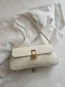 Textured Small Square Handbag For Women, New Lock Closure Solid Color Shoulder Bag, Commuter Underarm Bag - White - View 5