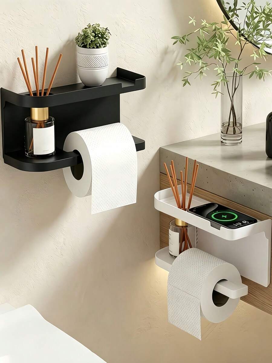 No-Drill Wall-Mounted Paper Towel Holder With Storage Shelf, Multi-Roll Paper Towel Dispenser, Space-Saving For Kitchen Countertop, Cabinet, Office, Bathroom Accessory, Halloween Home Bathroom Decor