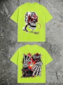 Luchador Mask Skull Streetwear Graphic Tee, Double‑Sided Skeleton Hands Lightning, 180g Pure Cotton Grunge Gothic Short Sleeve For Men - 螢光綠2 - 查看 10