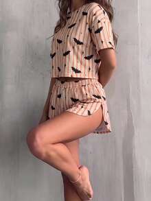 2pcs/Set Minimalist Halloween Pumpkin Ghost Face Print Casual Loose Knit Long Sleeve Top & Side Slit Shorts Loungewear Set, Suitable For Home Use - Apricot - View 1