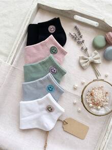 5 Pairs Women Smiling Face Embroidery Ankle Socks, Soft Cotton Breathable Cute Multicolor Casual Daily Socks Multi‑Pack - Multicolor - View 3