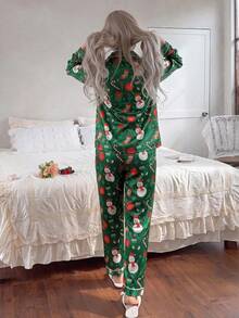 2pcs/Set Women's Satin Christmas Snowman & Candy Cane Print Lapel Long Sleeve Top And Pants Pajama Set - Green - View 2