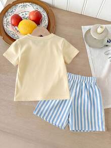 2pcs/Set Girls' Summer Vacation Style Blue & White Striped Shorts And Lemon Print Short Sleeve T-Shirt - Apricot - View 2
