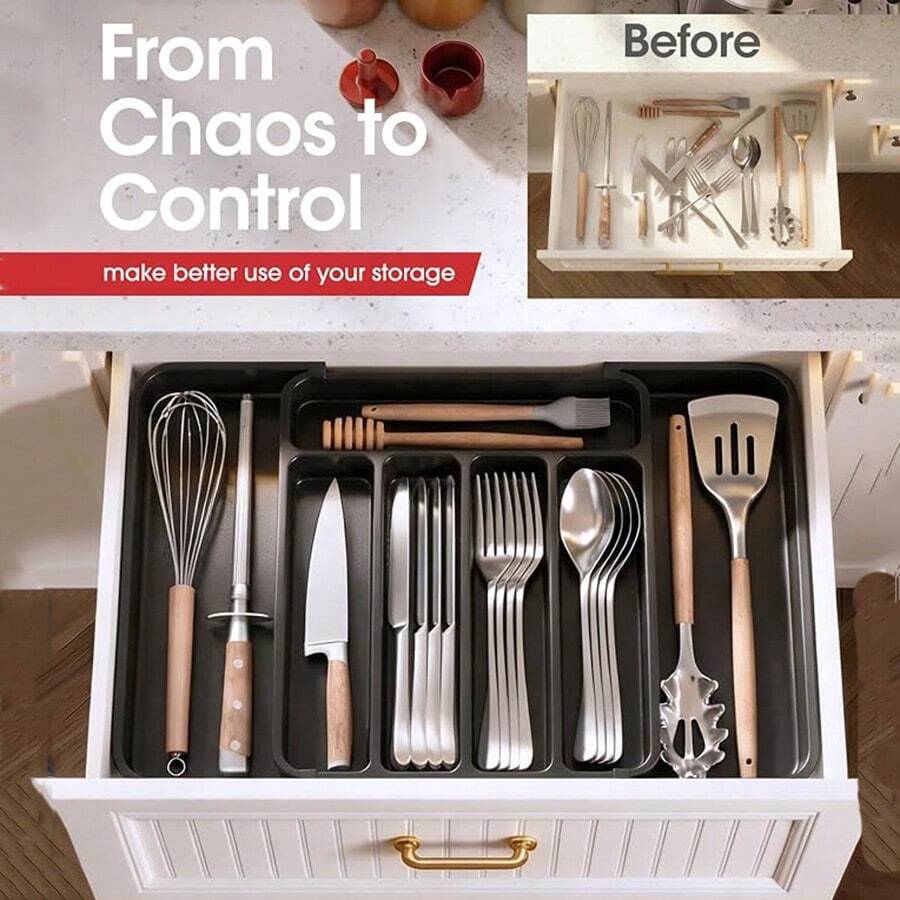 1pc Drawer Organizer, Expandable Kitchen Utensil Tray, Material Cutlery Holder, Adjustable Plastic Spoon Fork Knife Storage, Large Capacity Kitchen Utensil Accessories (Black, Grey, White)