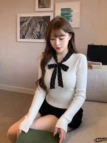 甜美可愛 V 領波點領結蝴蝶結針織毛衣 女款 秋冬修身優雅美觀套頭上衣 - 白淺杏 - 查看 3
