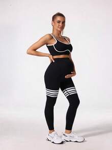 Leggings de maternidad de cintura alta, sin costuras, elásticos y de unicolor - Color Block/Monocolor - Ver 3