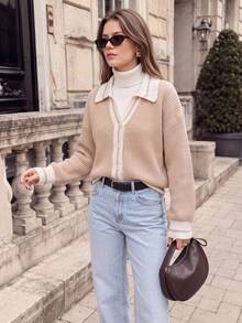 Kardigan Rajut Motif Garis Warna Oatmeal Musim Dingin, Kerah Manset dan Kelim Kontras Bergaris, Jaket Kancing Lengan Panjang Gaya Liburan - Khaki - View 5