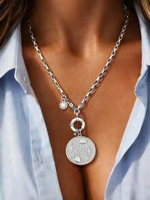 1pc Silver Donut Buckle Full Rhinestone Round Pendant Necklace, Luxury Heart Lock Pendant Chain, Stainless Steel Material, Exquisite Holiday Party Gift For Women - Silver - View 6