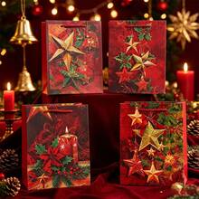 34/68/102pcs Vintage Red Christmas Star Gift Paper Bags With Handles, Poinsettia Candle Xmas Holiday Gift Wrapping Bags, Includes Christmas Stickers - Multicolor - View 2