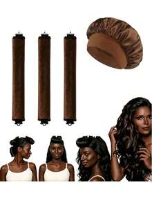 4-Piece Curly Hair Set: 1 Wide-Brim Satin Sleep Cap, 3 Heatless Curlers, Classic Casual Women's Solid Color Elastic Soft Cap, Heatless Overnight Curls, Effortlessly Create Curly Hair, Suitable For All Hair Types - Multicolor - View 13