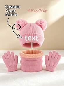 1 Set Customized Printed Name Knitted Baby Hat, Y2K Style Toddler Thick Warm Woolen Hat Set With Pom Pom, Comfortable Soft Elastic Thick, Suitable For Winter Outings - Multicolor - View 1
