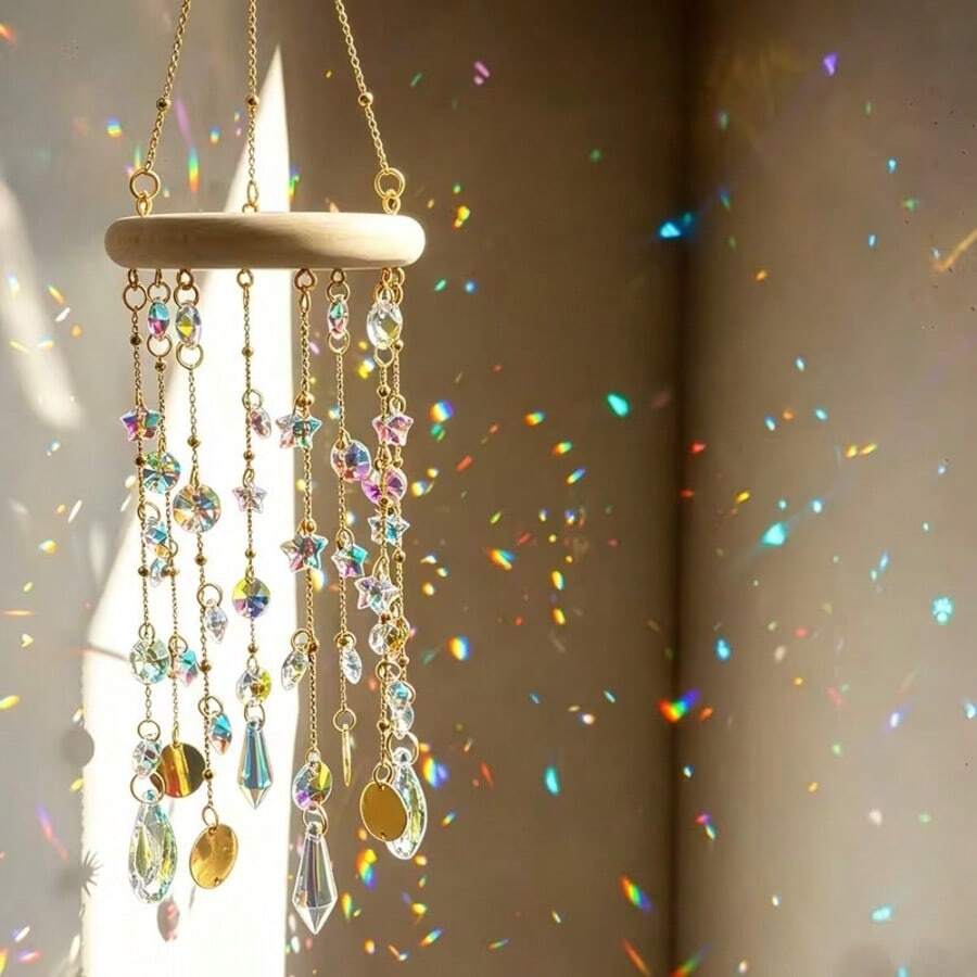 1PC Crystal Sun Catcher Wind Chime, Gold Chain Iridescent Crystal Pendant, Luxury Home Window Decor - A - View 1