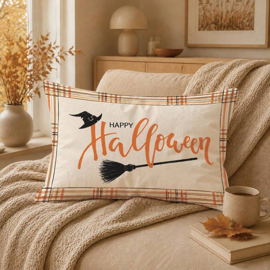 1pc Autumn Halloween Magic Broom Witch Hat Text Illustration Cushion Cover, Single-Sided Printed Peach Skin Velvet Material, 30*50/40*60CM Pillowcase Suitable For Modern Minimalist Sofa Living Room Decor, Party Decoration, Gift Giving - Multicolor - View 1