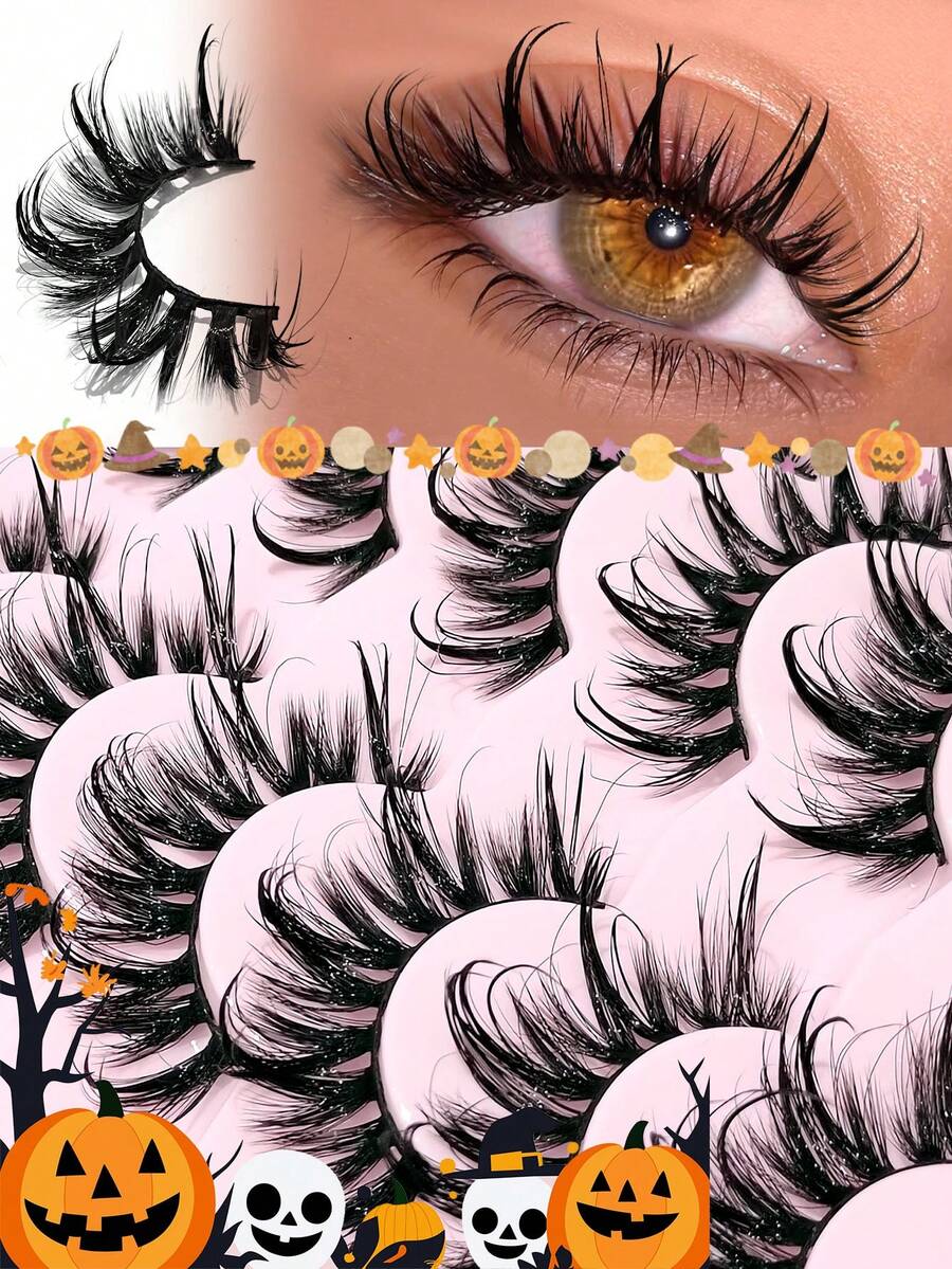 Asiteo Hot 7 Pairs Manga Style Glossy False Eyelashes 19mm Exaggerated Long Messy Faux Mink 3D Fluffy Natural Yet Voluminous Y2K Style Eyelash Extensions Makeup Tool,Halloween