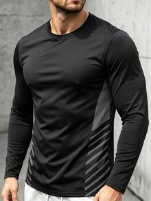 Men's Black Long Sleeve Casual T-Shirt With Side Line Pattern, Daily Commute Base Layer - Black - View 1