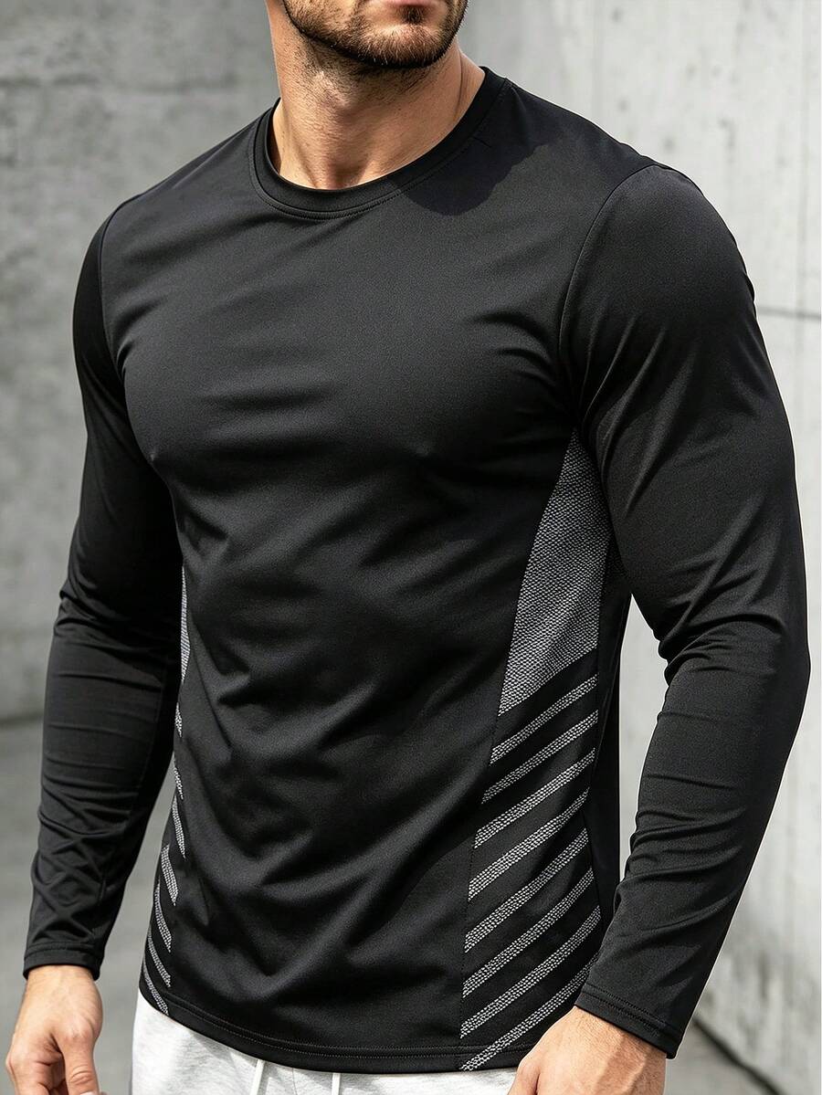 Men's Black Long Sleeve Casual T-Shirt With Side Line Pattern, Daily Commute Base Layer - Black - View 1
