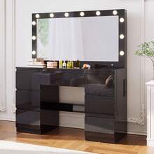 Devoko Dressing Table In Matte White With LED Cosmetic Mirror, Vanity Table Without Stool With 12 LED Lamps, Power Outlets, USB & Type-C, Jewelry Storage And 7 Drawers - 黑色亮面 - 查看 2