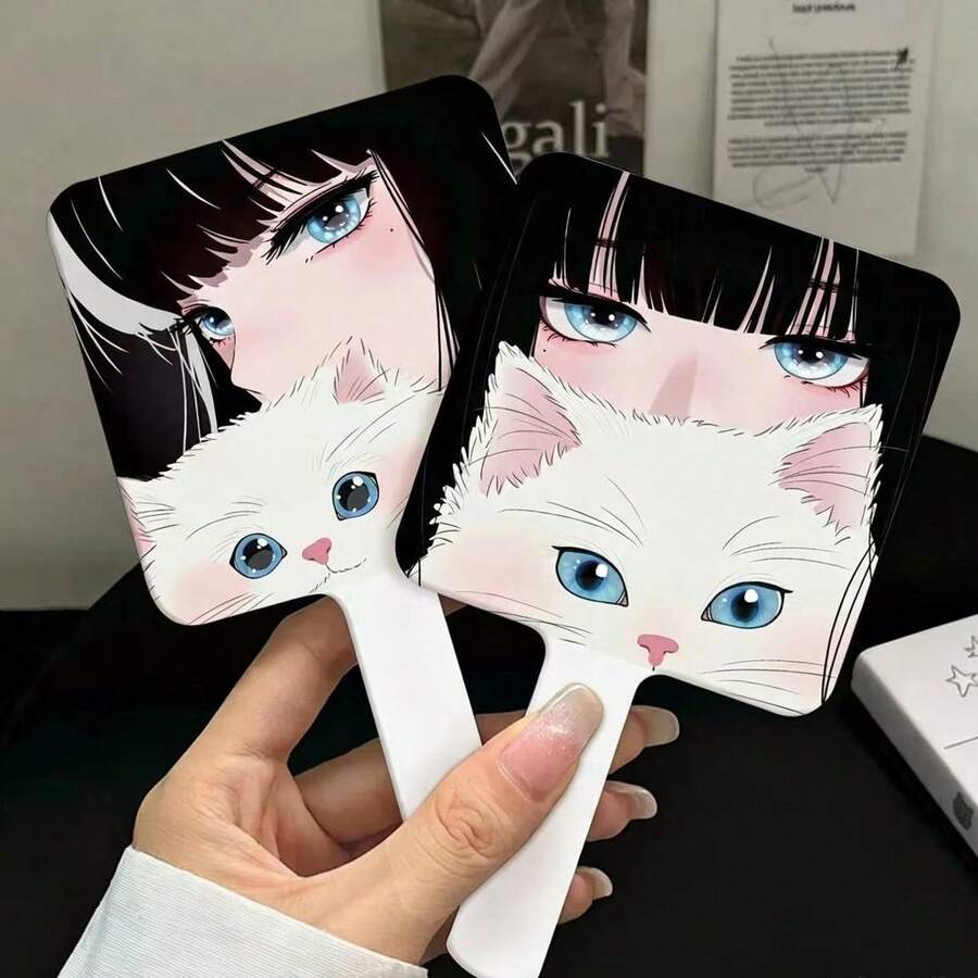 女孩與貓咪卡通氛圍手持化妝鏡,學生補妝小鏡子,梳妝鏡 - 彩色 - 查看 1