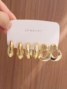 6/18PCS Fashionable Elegant Floral Geometric Textured Metallic Earring Set Suitable For Party, Banquet, Travel, Wedding, Vacation, Daily Wear Jewelry Gift (Lightweight ABS Material, Non-Fading) - Gold - View 3