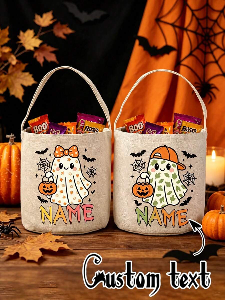 Customizable For Halloween Tote Bag For Trick-Or-Treating Featuring A Ghost Design, Perfect For Candy Enough For Parties And Events - Multicolor - View 1