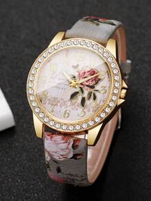 Vintage Style Women's Wristwatch With Rhinestone Case, Rose Dial, Floral Print PU Leather Strap, Quartz Watch, Gift For Girlfriend (1pc/Set) Watch Box Not Included, Note: The Print Position On The Strap Is Random And Cannot Be Consistent! - Grey - View 6