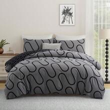 Soft Brushed Microfiber Duvet Bedding Set Wave Pattern For Household Bedroom - Black and Grey Waves - View 1