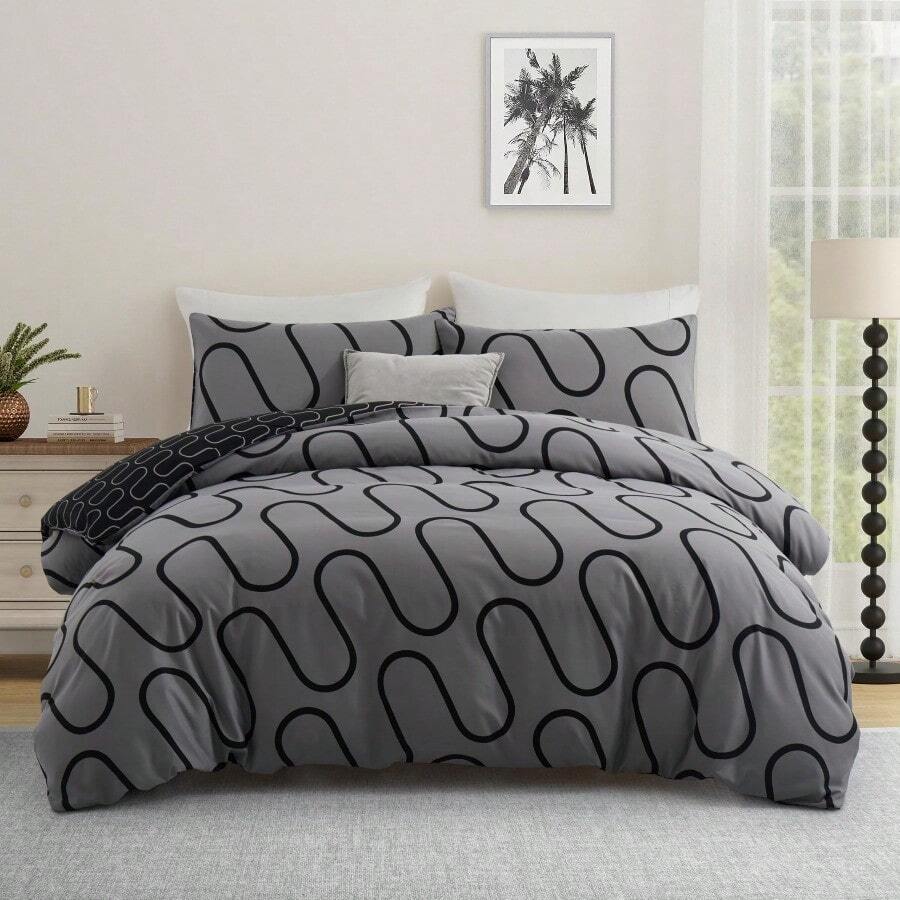 Soft Brushed Microfiber Duvet Bedding Set Wave Pattern For Household Bedroom - Black and Grey Waves - View 1