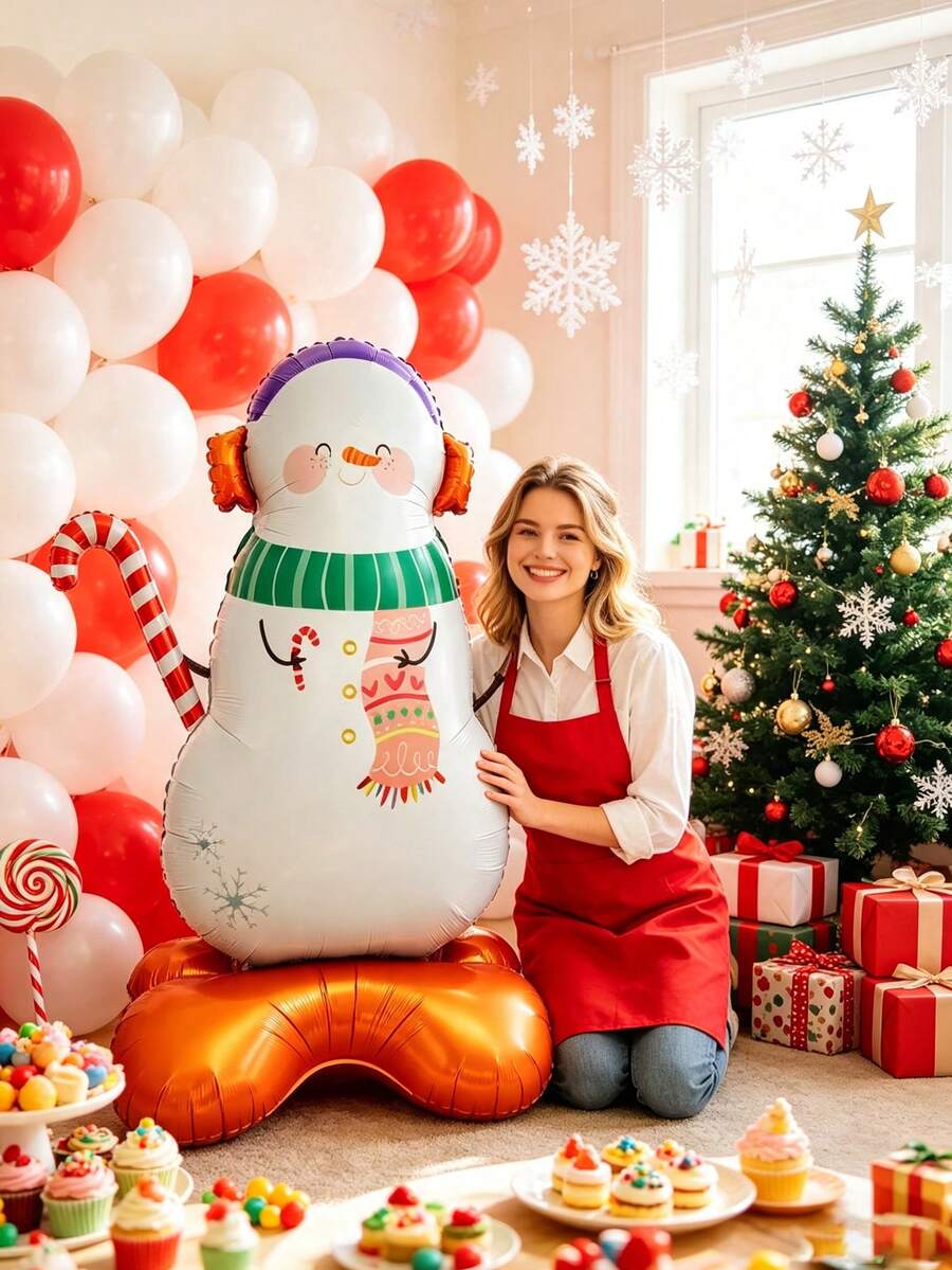 1pc Standing Snowman With Scarf Aluminum Foil Balloon, Christmas Party Indoor Scene Decoration, Photo Prop Holiday Decor - Standing Snowman With Scarf - View 1