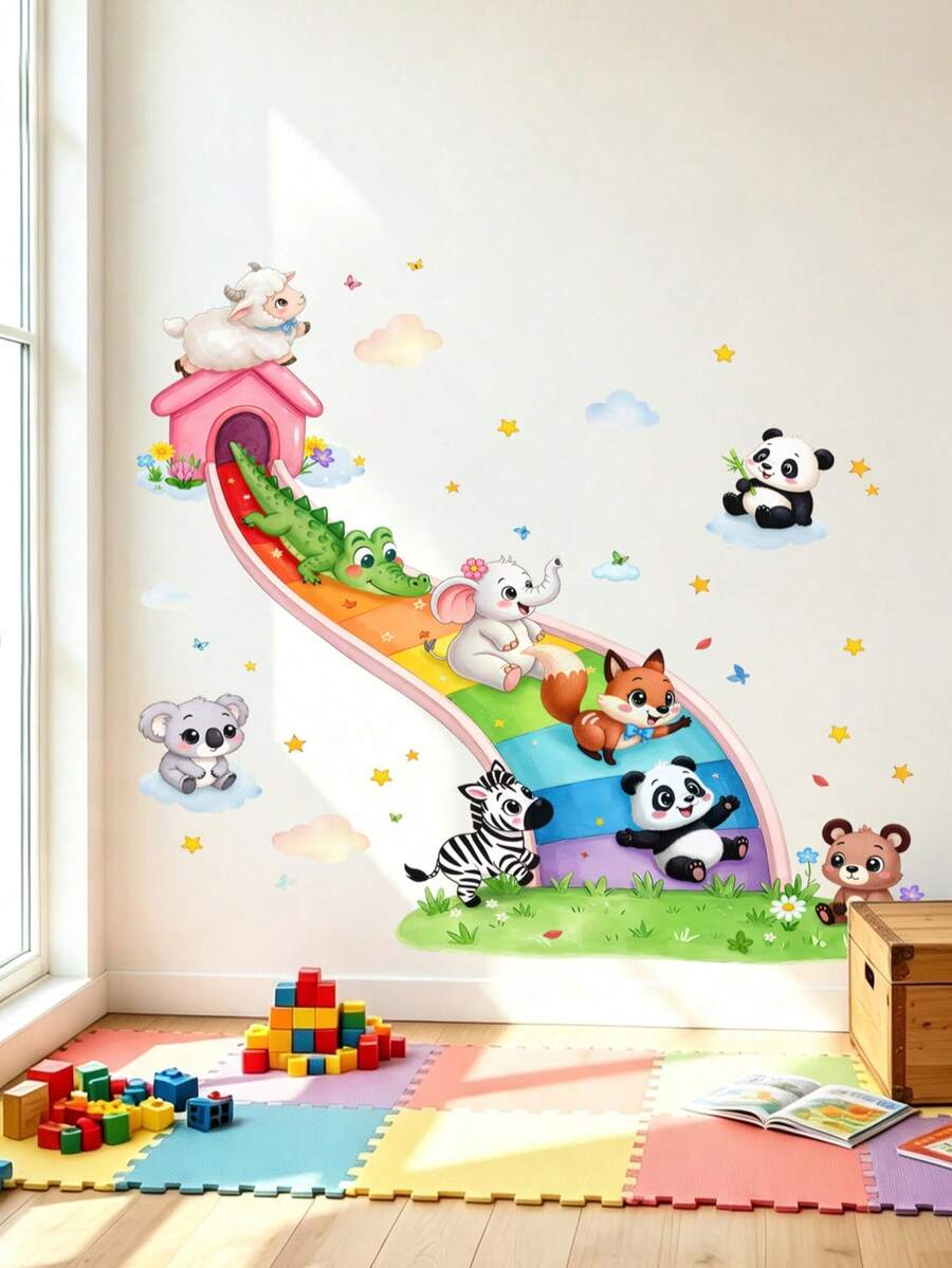 Cartoon Cute Animal Slide Wall Sticker For Living Room, Bedroom, Children's Room, Home Background Wall Decoration, Self-Adhesive - Multicolor - View 1