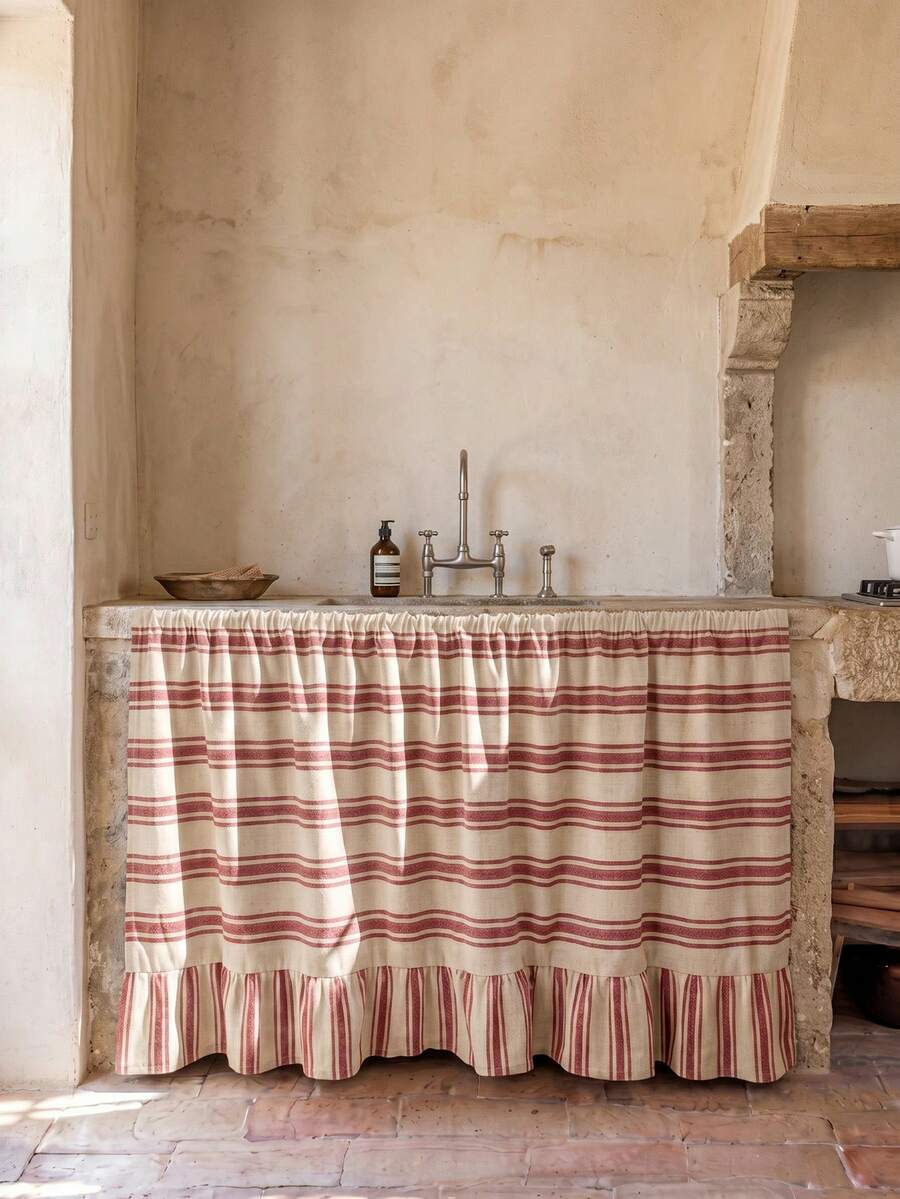 1/2pcs Beige With Red Horizontal Stripes Sink Skirt, Rustic Country Style Fabric Material, Rectangular Top With Gathered Pleats And Bottom Ruffle Details, Storage Concealment And Decorative Function, Kitchen Sink Curtain Suitable For Kitchen Sink Concealment And Rustic Home Decor Scenes - Red - View 1