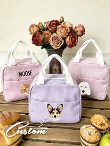 Personalized Pet Photo And Name Lunch Bag/Lunch Box, Customized Corduroy Lunch Box (Nameable), Suitable For Work, Travel And School. Suitable For Lunch Tote Bag, Back To School Gift, Essential For Study And Work, Gift For Her, Suitable For Holidays Or Vacations; Birthday, Anniversary And Valentine's Day Gift For Pet Lovers; Unique Gift. - Multicolor - View 1