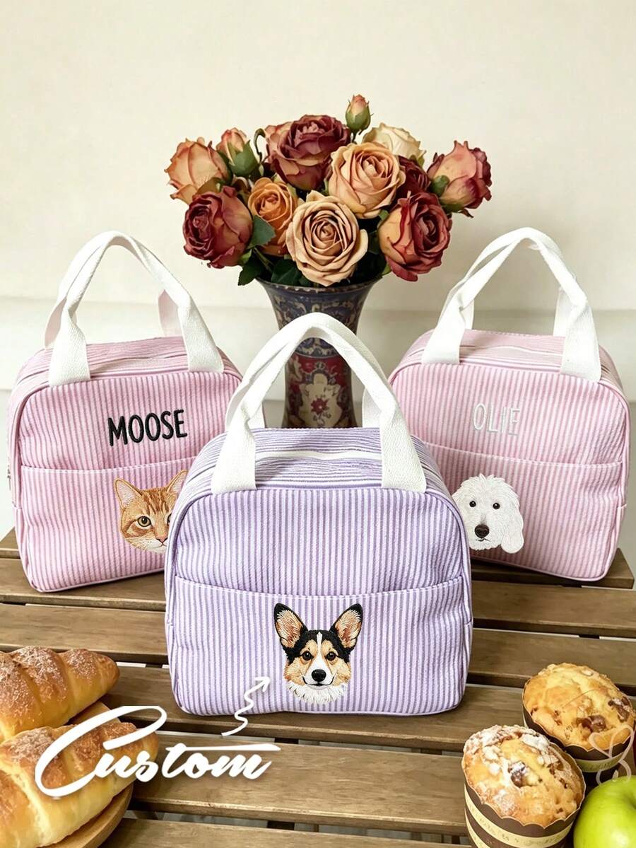 Personalized Pet Photo And Name Lunch Bag/Lunch Box, Customized Corduroy Lunch Box (Nameable), Suitable For Work, Travel And School. Suitable For Lunch Tote Bag, Back To School Gift, Essential For Study And Work, Gift For Her, Suitable For Holidays Or Vacations; Birthday, Anniversary And Valentine's Day Gift For Pet Lovers; Unique Gift. - Multicolor - View 1