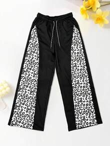 Women's Leopard Print Patchwork Wide Leg Sweatpants, Lightweight Breathable Drawstring Waist Loose Fit Joggers, Suitable For Fitness And Cycling - Black - View 4