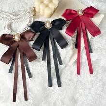 1pc Women's Elegant Exquisite Preppy Style Crystal Decorated Accessory, Solid Color Bowknot Ribbon Brooch, Can Be Worn On Shirts And Dresses For Daily Outfits, Backpack And Commute Wear, Banquet And Party Occasions, Holiday Gift - Black - View 5