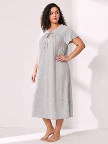 Spring/Summer Plus Size Loose Ruffle Milk Silk Nightgown Dress For Women, Bow Ruffle, Elegant Casual Sweet - Light Grey - View 4