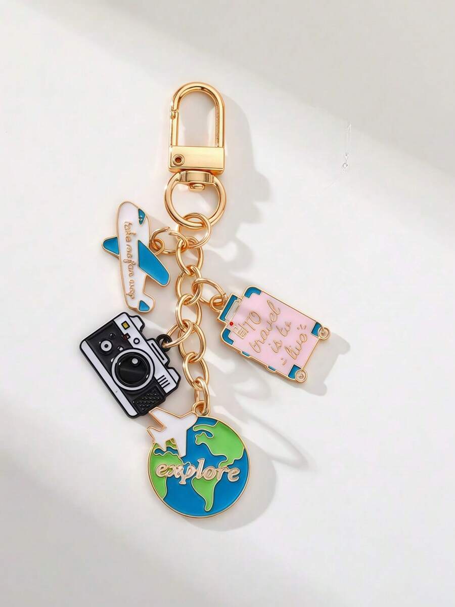 1pc Travel Theme Keychain - Includes Airplane, Camera, Globe And Suitcase Accessories, Fashionable Enamel Metal Keychain, Perfect For Decoration And Traveler's Gift - Multicolor - View 1