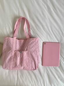 Solid Color Large Capacity Minimalist Shopping Tote Bag, Polka Dot Pattern Tote Bag, Shopping Bag, Drawstring Closure Tote Bag - Pink - View 5