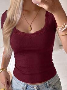 NOIRLYN Women's T-Shirt Summer Y2K Sexy Lace Patchwork Casual Square Neck Short Sleeve Top - Burgundy - View 6