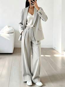 Women's Lightweight Commuter Solid Color Lined Loose Single-Breasted Long Sleeve Blazer And Wide-Leg Pleated Seam Trousers Suit Set - Light Grey - View 2
