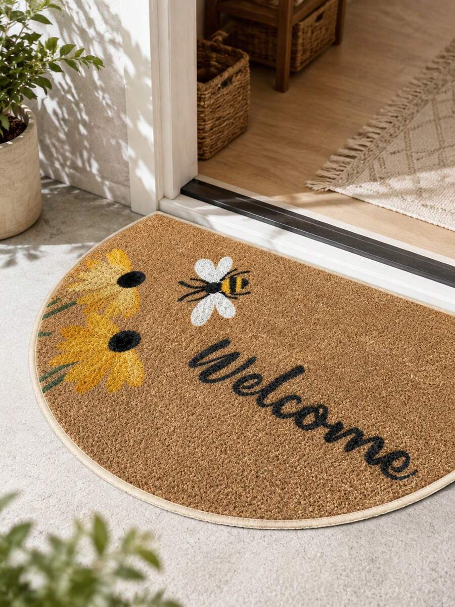 Keset Selamat Datang Setengah Lingkaran, Motif Bunga Matahari & Lebah, Desain Dekoratif Cerah yang Menyambut, Konstruksi Bertepi Menambah Tampilan Berlapis pada Pintu Masuk, Cocok untuk Pintu Depan, Lorong Masuk, Foyer, dan Koridor - Coklat - View 1