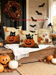 4pcs Cat & Throw Pillow Covers Suitable For Halloween Country Rustic Decor, Non-Embroidery Retro Cushion Covers With Zipper Closure, Fall Pillowcases For Sofa Bed Living Room Car, 17.7x17.7in, No Inserts, 2D Flat - Apricot - View 4